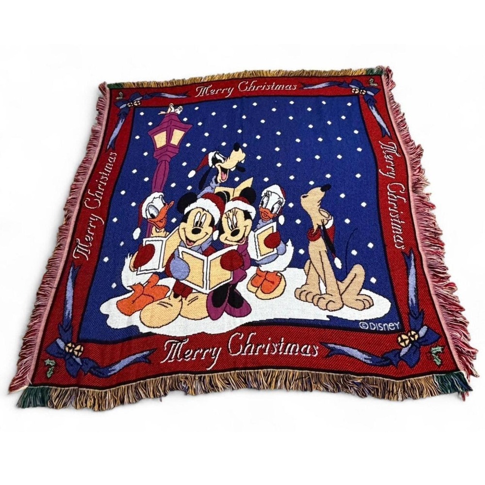 Vintage Beacon Disney Christmas Throw Blanket Mickey Minnie Tapestry USA 58x52